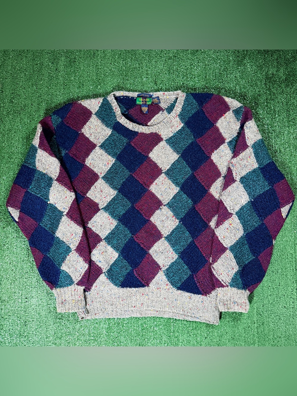 Vintage Colours by Alexander Julian Argyle Sweater Size Large Hand Knit
